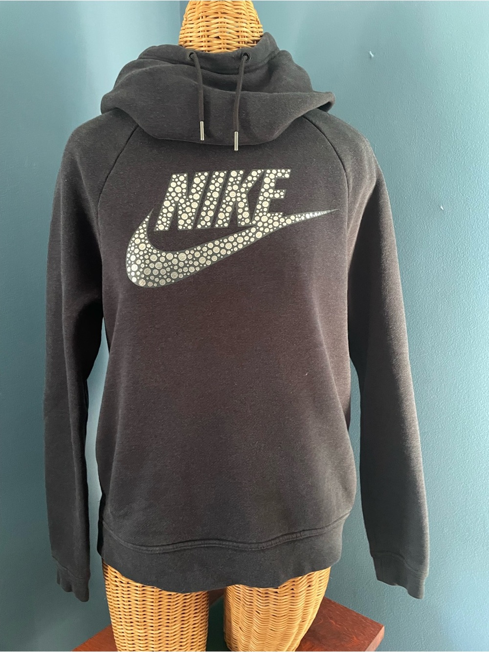 Nike Sportswear Rally Funnel-Neck Hoodie Black Metallic Silver Dot Swoosh Size S